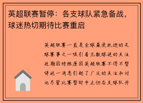 英超联赛暂停：各支球队紧急备战，球迷热切期待比赛重启